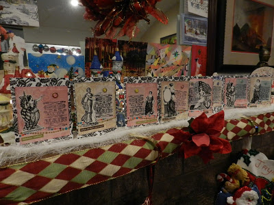 Eight finished cards with vellum tags, vintage images, sentiments on a decorated mantel.